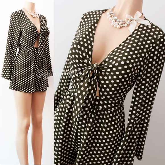 Last☝️Olive Khaki Polka Dot Tie Front Retro Romper - Picture 2 of 8